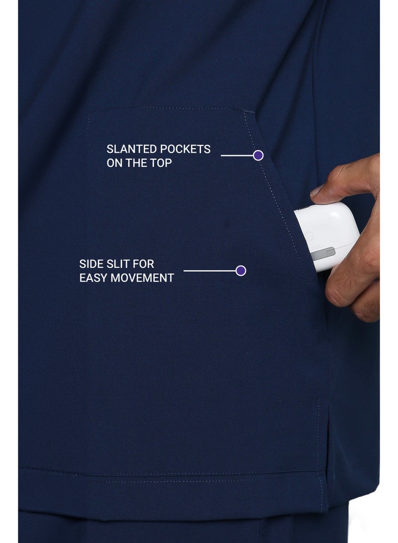 KNYA Ecoflex Men's 5 Pocket Active Scrub Suit | Athleisure wear | Modern V neck | For Doctors (L, NAVY BLUE) - Image 3